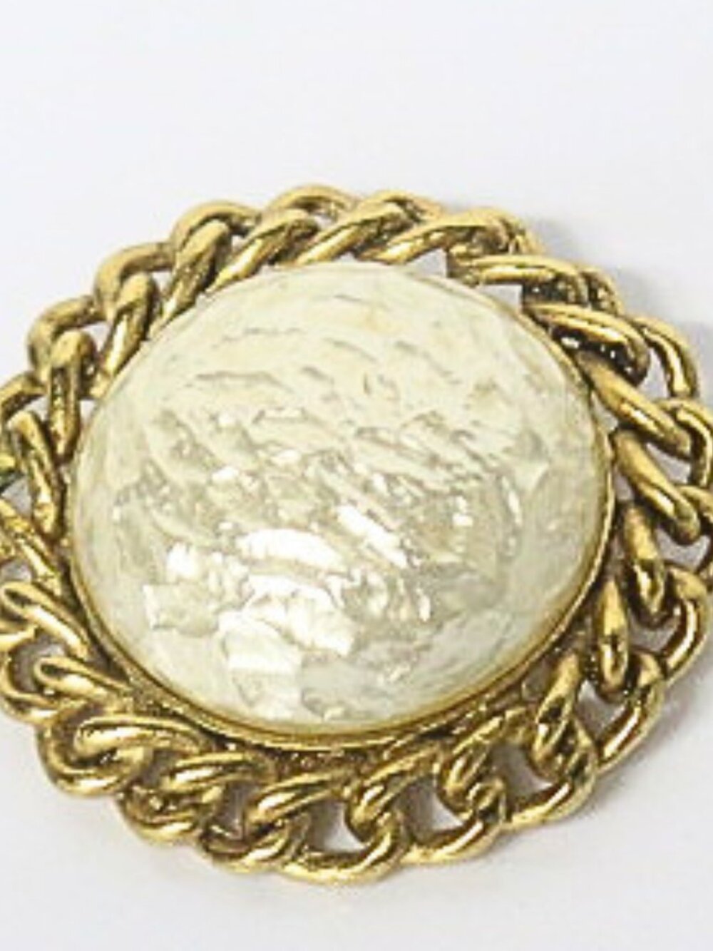 Vintage Gold Tone Statement Brooch Large Iridescent Cabochon Chain Border Estate